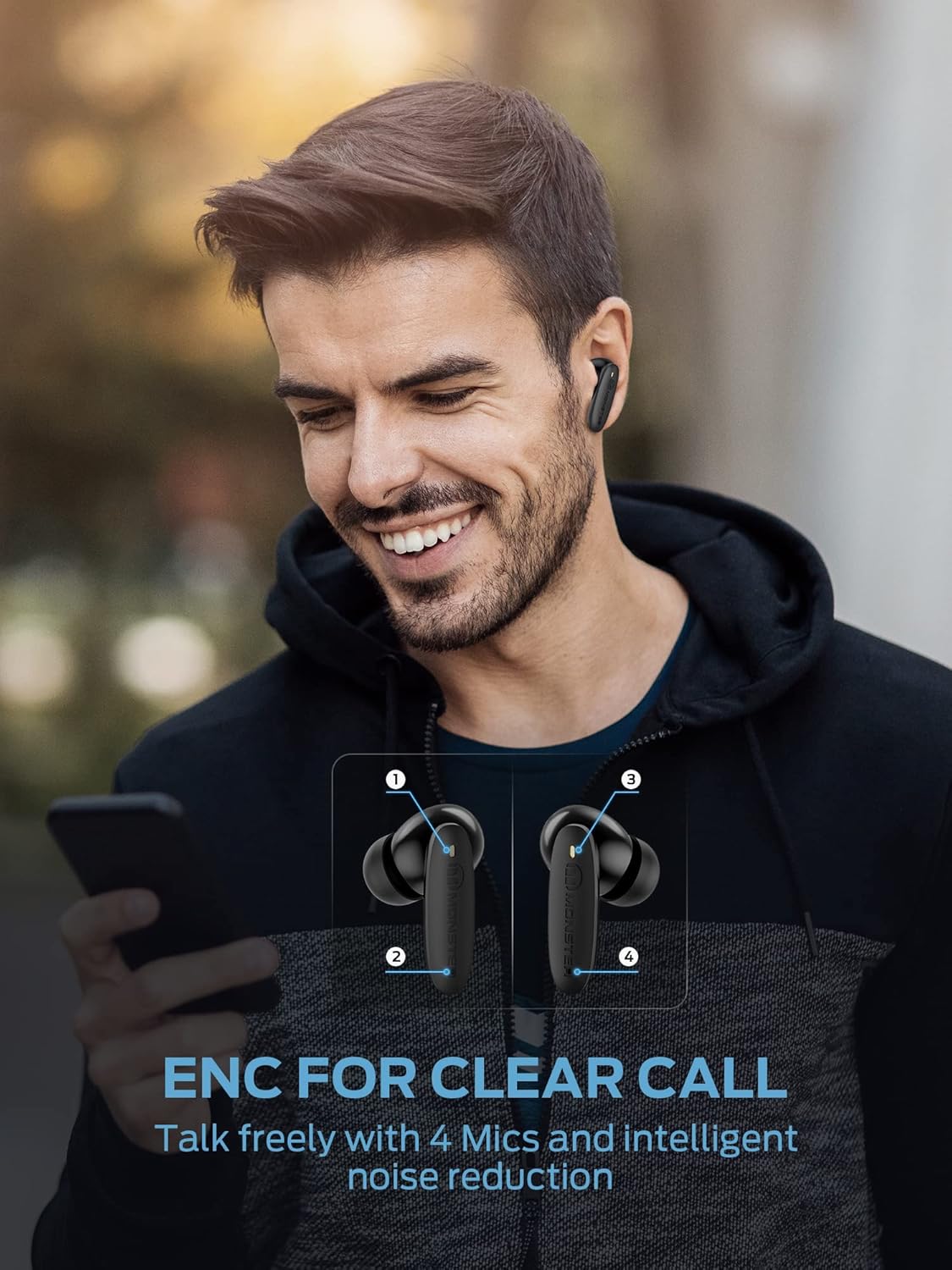 Monster Clarity 108 ANC Wireless Earbuds with 4 Microphones, Bluetooth 5.2, Multi Mode Noise Cancelling, Clear Sound, 30H Playtime, Wireless Earphones for Work, Home Office