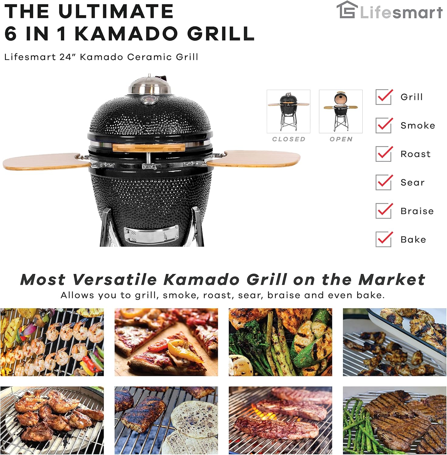 Lifesmart 15 Kamado, 6-In-1 Kamado Grill with Stainless Steel Cart, Includes Free Electric Starter, Grill Cover, Pizza Stone, Built-in Thermometer