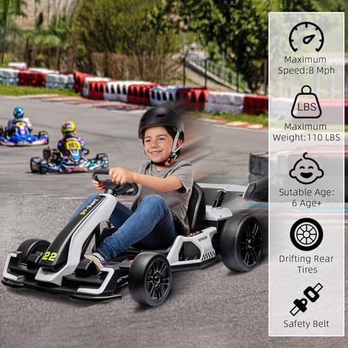 24V Electric Go Kart,300W Powerful Drift Kart for Kids, Electric Pedal Kart,with 300W Strong Motor, Drift/Sport Mode, Big Battery, Eva Tire,Length Adjustmen for Outdoor Racing Toy-White