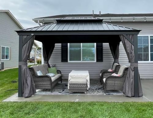 PURPLE LEAF 10' X 14' Permanent Hardtop Gazebo Aluminum Gazebo with Galvanized Steel Double Roof for Patio Lawn and Garden, Curtains and Netting Included, Grey