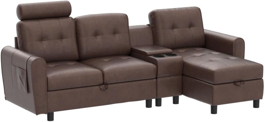 GNIXUU 89" Sectional Storage Sofa, L Shaped Couch with Cup Holders & Adjustable Headrest, 3 Seat Couches for Living Room, Small Spaces, Apartment, Brown PU Leather