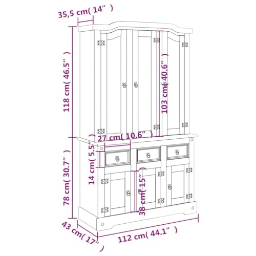 Highboard, Craft Cabinet Kitchen Storage Linen Cabinet Pantry Cabinet Suitable for Kitchens Small Spaces Bedroom Living Room, Corona Brown 44.1"x16.9"x77.2" Solid Wood Mexican Pine
