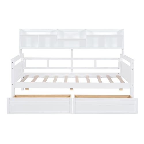 WADRI Multi-Functional Twin Size Daybed with Bedside Shelf and 2 Storage Drawers, Wood Daybed Sofa Bed Frame with Sturdy Slat Support for Office Living Room Bedroom, Easy Assembly (Gray-ss1)