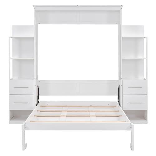 P PURLOVE Queen Size Murphy Bed,Solid Wood Murphy Cabinet Bed with Shelves and LED Lights,Wall Bed for Guest Room,Study,Office,White