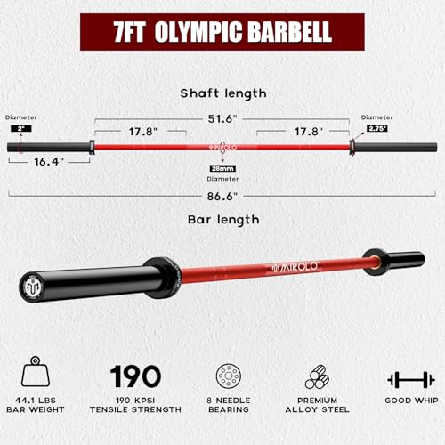 Mikolo 7ft Olympic Barbell, Barbell for Weightlifting and Powerlifting 45lb, Olympic Bar for 1500lbs Capacity, Weight Bar Fit 2” Standard Weights