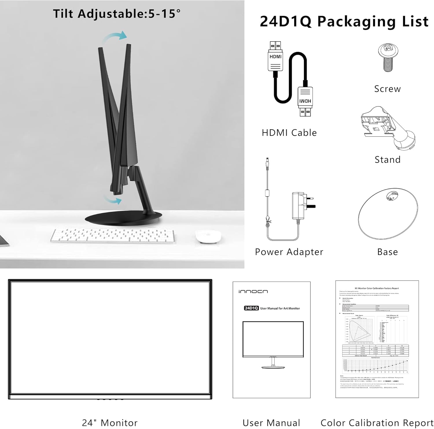 INNOCN 24 Inch Computer Monitor 2K QHD 2560x1440P, 75Hz, 100% sRGB, IPS Panel, HDMI, DP, 3.5mm, 16:9 Display Flicker Free Gaming 1440P Monitor for Home Office, VESA Mountable - 24D1Q, Black