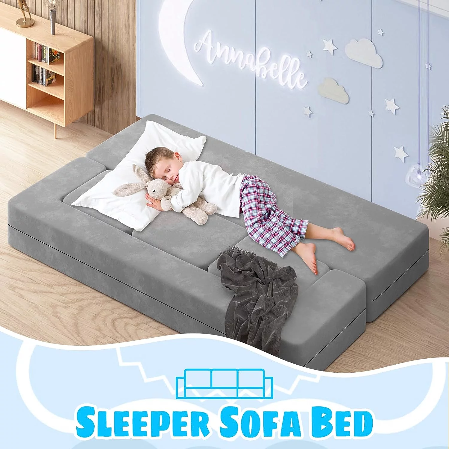 Kids Couch with 3 Ottomans, Wanan Toddler Couch for Playroom Bedroom, 5 in 1 Modular Kids Couch Fold out Sofa Kids Floor Sofa for Toddler and Baby, Play Couch Sofa for Kids, Gray