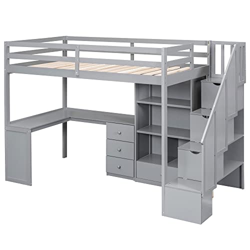Modern Wooden Full Size Loft Bed with Desk and Shelves,Two Built-in Drawers and Storage Staircase,for Kids Boys Girls Teens Adults Bedroom (Gray@Desk, Full)