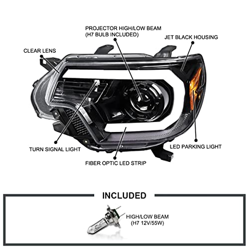 SPEC-D TUNING LED Light Bar Chrome Housing Clear Lens Projector Headlights Compatible with 2012-2015 Toyota Tacoma Left + Right Pair Headlamps Assembly