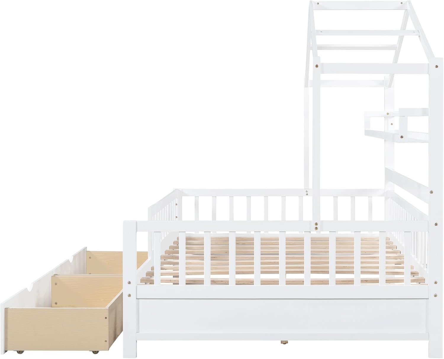 Wooden Full Size House Bed Frame with 2 Drawers and Storage Shelf, Platform Full Beds with Roof and Safety Gurduarls, for Kids, Boys, Girls, No Spring Box Needed, Easy Assemble