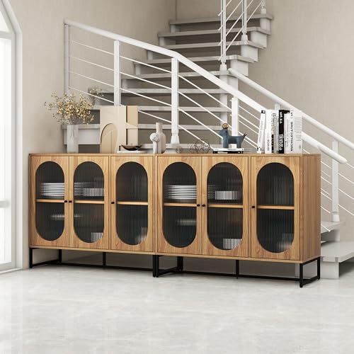 Henf Sideboard Buffet Cabinet with 3 Fluted Glass Doors, Modern Wood Kitchen Storage Cabinet Sideboard w/Height-Adjustable Shelf, Accent Console Table for Kitchen Dining Living Room Hallway Office