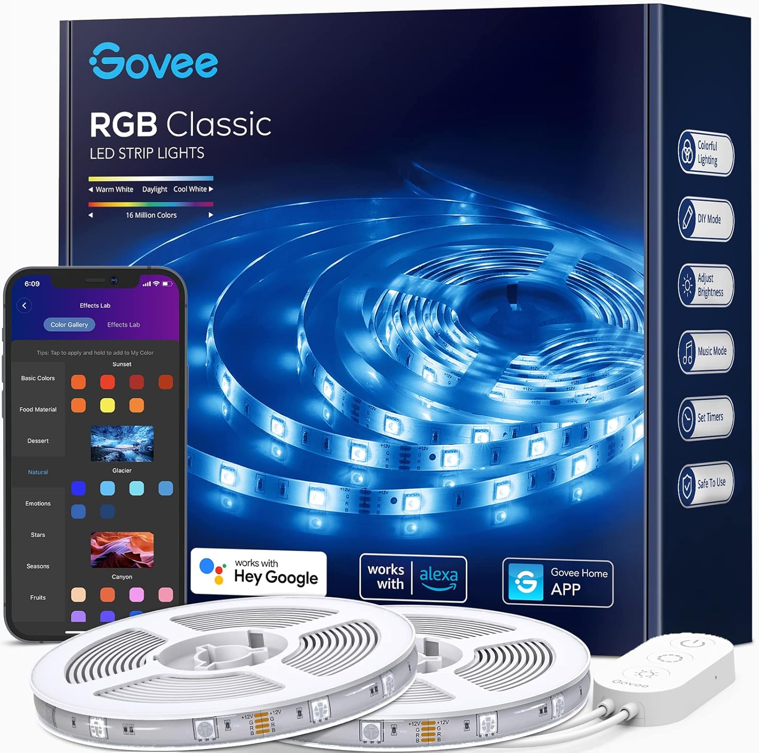 Govee Waterproof WiFi LED Strip Lights, 32.8ft Smart LED Lights Work with Alexa & Google Assistant, 64 Scene Modes, APP Control and Music Sync Lights for Bedroom, Party, TV, Eaves, 2 Rolls of 16.4ft Pack of 2