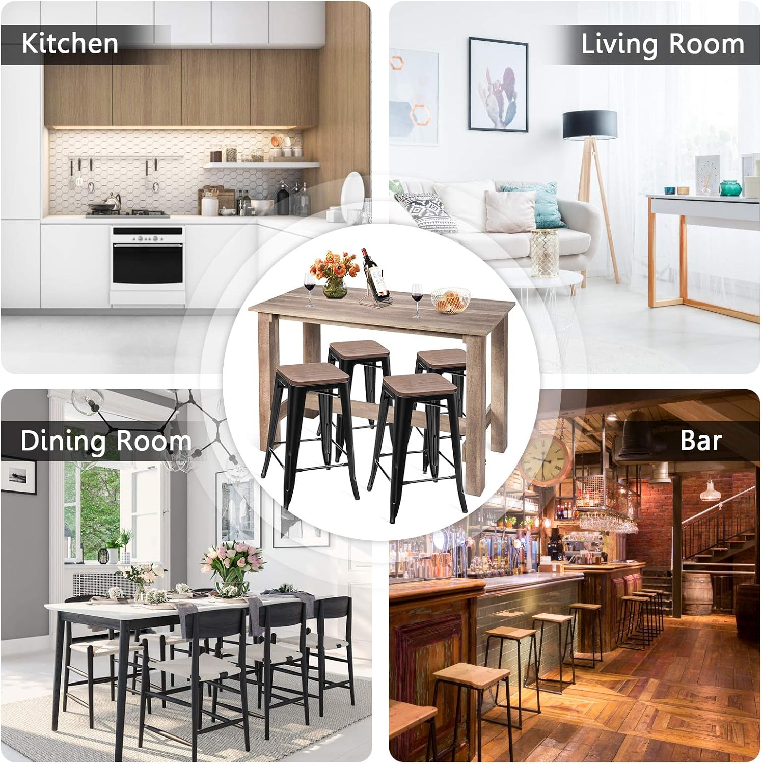 COSTWAY 5 Pcs Dining Table Set, Industrial Counter Height Dining Set with Wooden Table and 4 Metal Backless Barstools, Modern Kitchen Table and Chairs Set for Patio Bistro Restaurant Cafe