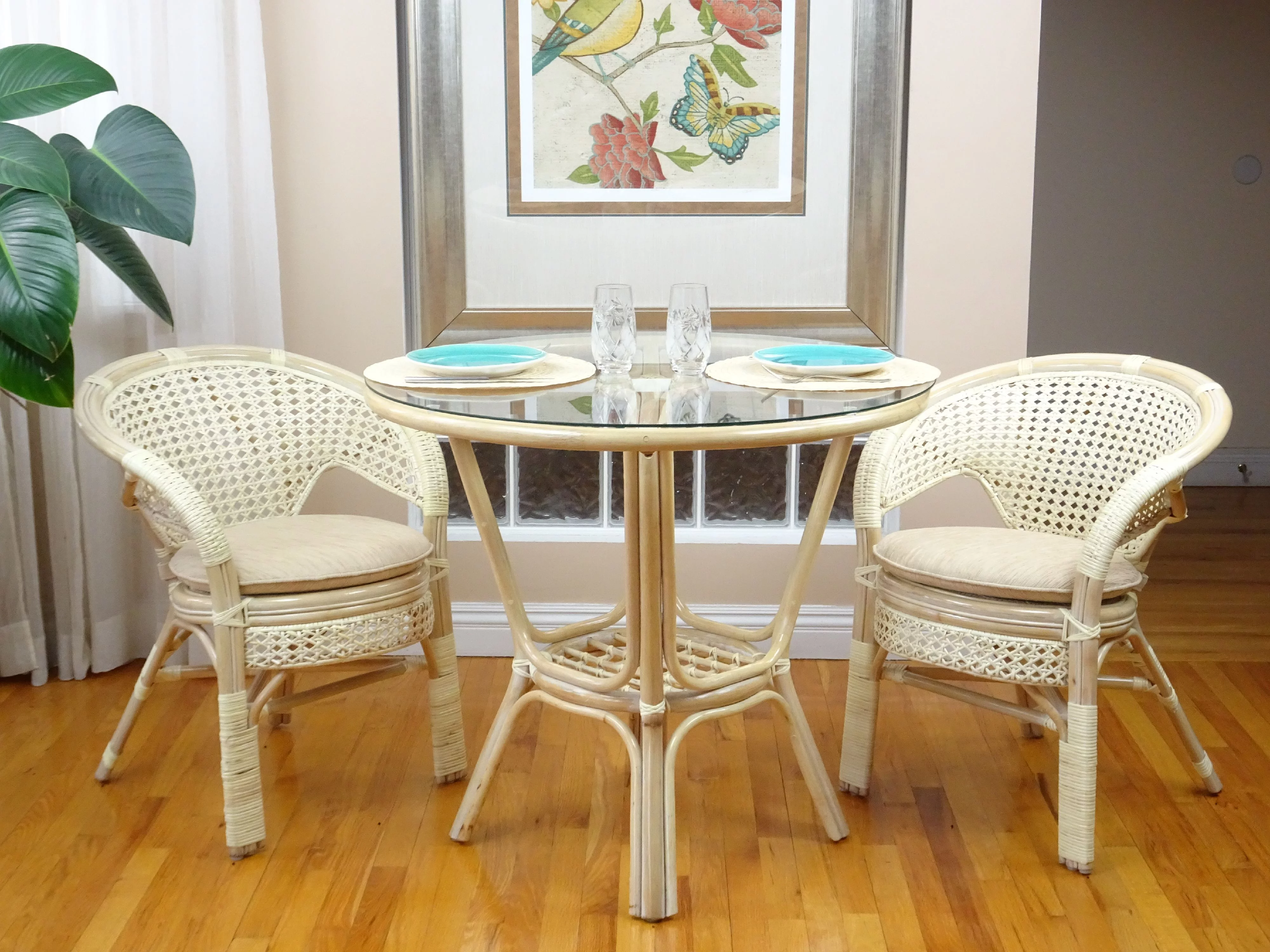 Set of 4 Pelangi ECO Natural Rattan Wicker Dining Armchairs Handmade Design, White Wash Color