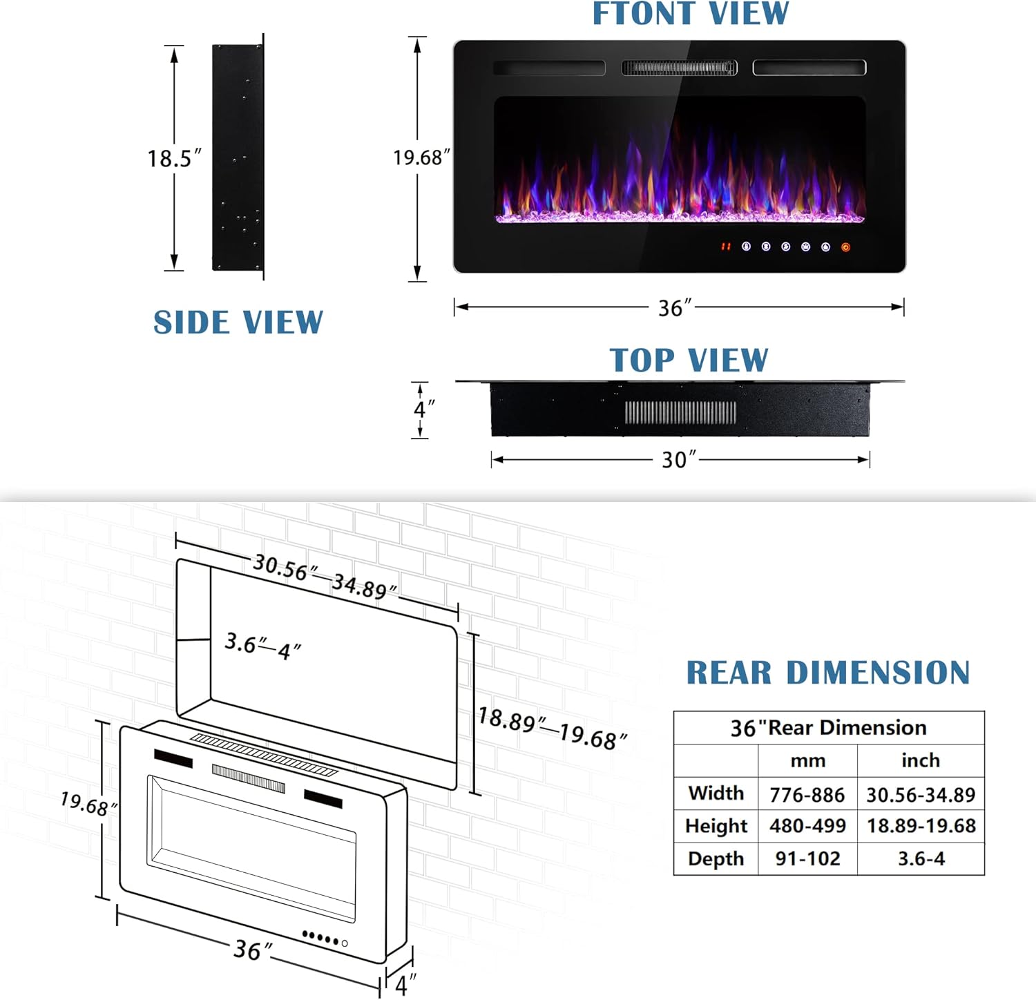 SUNNY FLAME 36 Inch Electric Fireplace Insert and Wall Mounted, Fireplace Heater, Log Set & Crystal Options, Remote Control with Timer, Adjustable Flame Color 750/1500W Heat