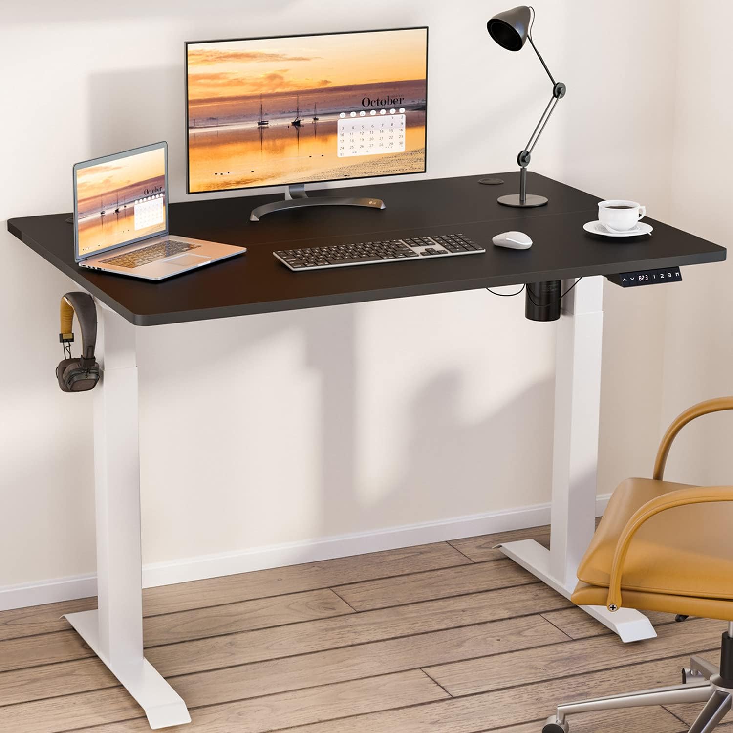Meilocar Height Adjustable Electric Standing Desk, Sit Stand Computer Desk w/Memory Controller, Home Office Workstation Stand up Desk w/Splice Board, 48 x 24 Splice Board (Black Top + Black Frame)