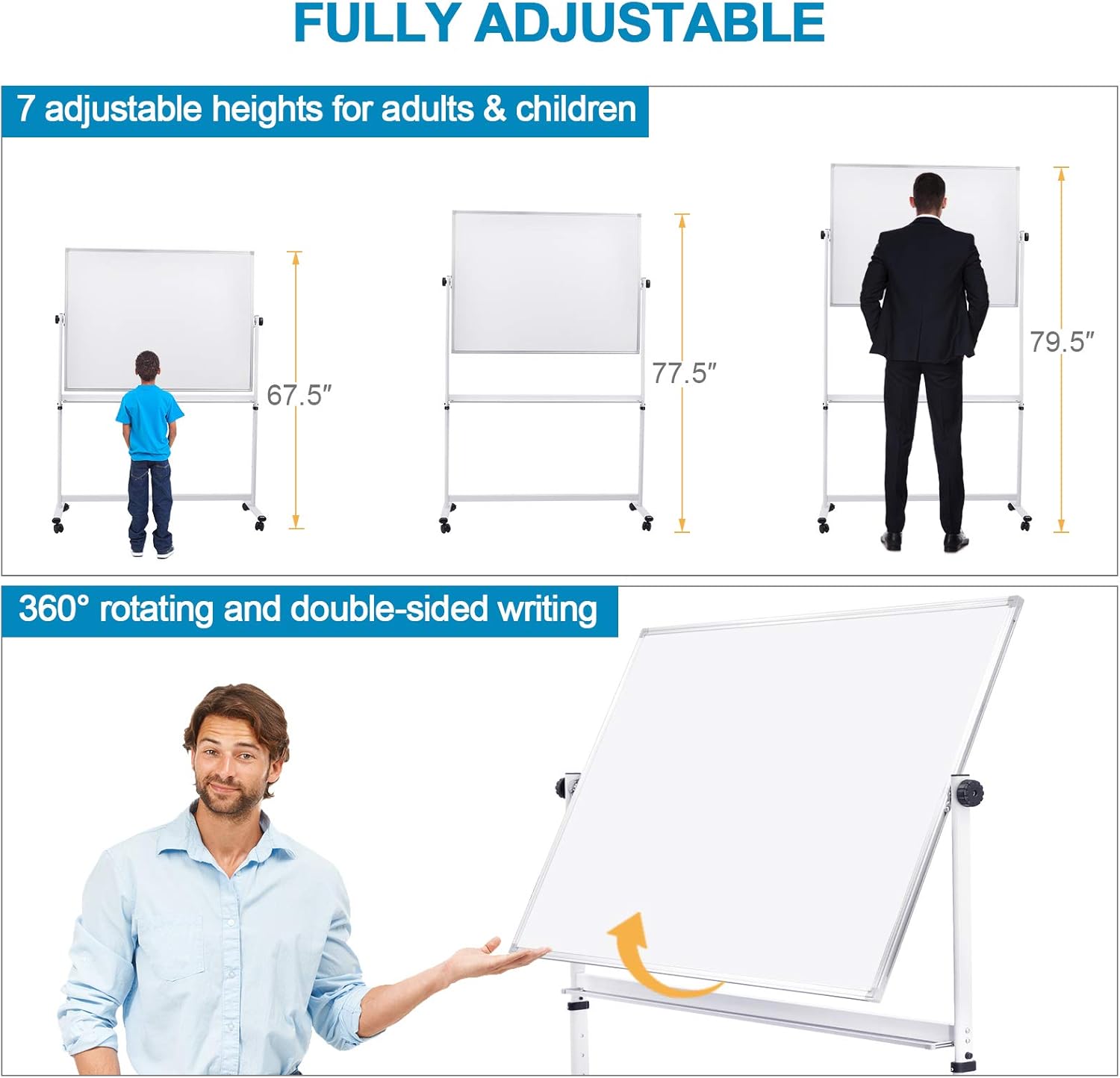 Mobile Whiteboard with Stand - 48x36 Height Adjustable Double Sided Dry Erase Board, 360° Rolling Large White Board on Wheels, Magnetic Whiteboard with Pen Tray for Meeting, Training by CALENBO