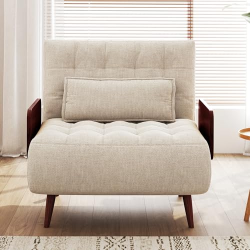 3-in-1 Convertible Chair Bed Sleeper for Adults, Linen Convertable Sleeper Chair with Wooden Arms & Pillows, Foldable Single Futon Sofa Bed (Mid Century with Walnut Arm, 36.6" Wide)