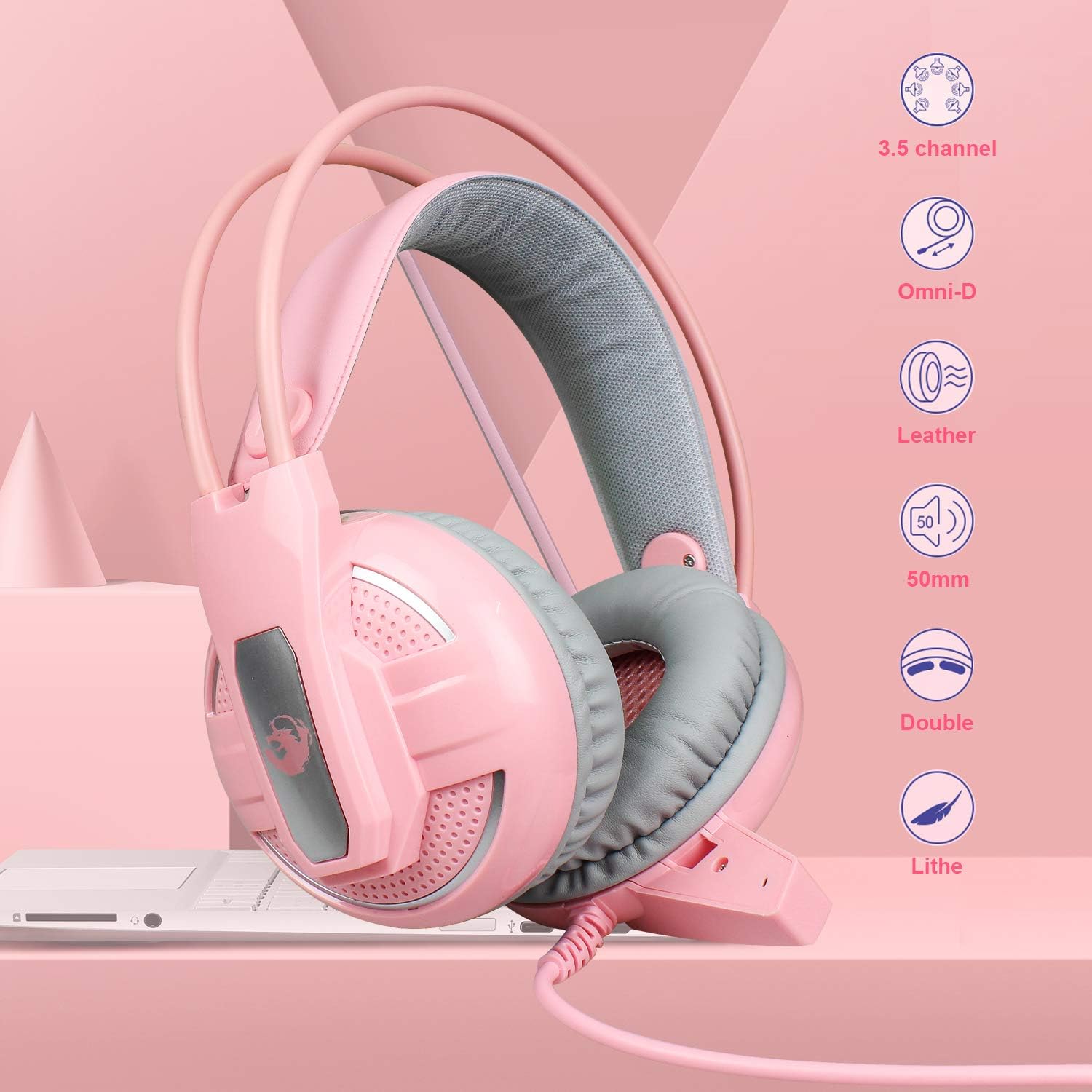 DGG Pink 4-in-1 Gaming Keyboard Mouse Headset Combo, White Led Backlit 104 Keys Ergonomic Gamer Keyboard+4800DPI Adjust Optical Game Mouse+3.5mm Gaming Stereo Headset Pack of 2