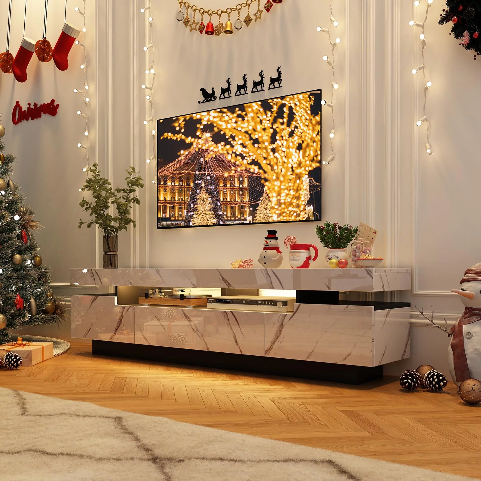 ChVans Led TV Stand for 85/80/75 inch TV, 70.9IN High Gloss Modern LED TV Stand with Storage, Entertainment Center with APP RGB Light,Television Stands for Living Room, White Marbling