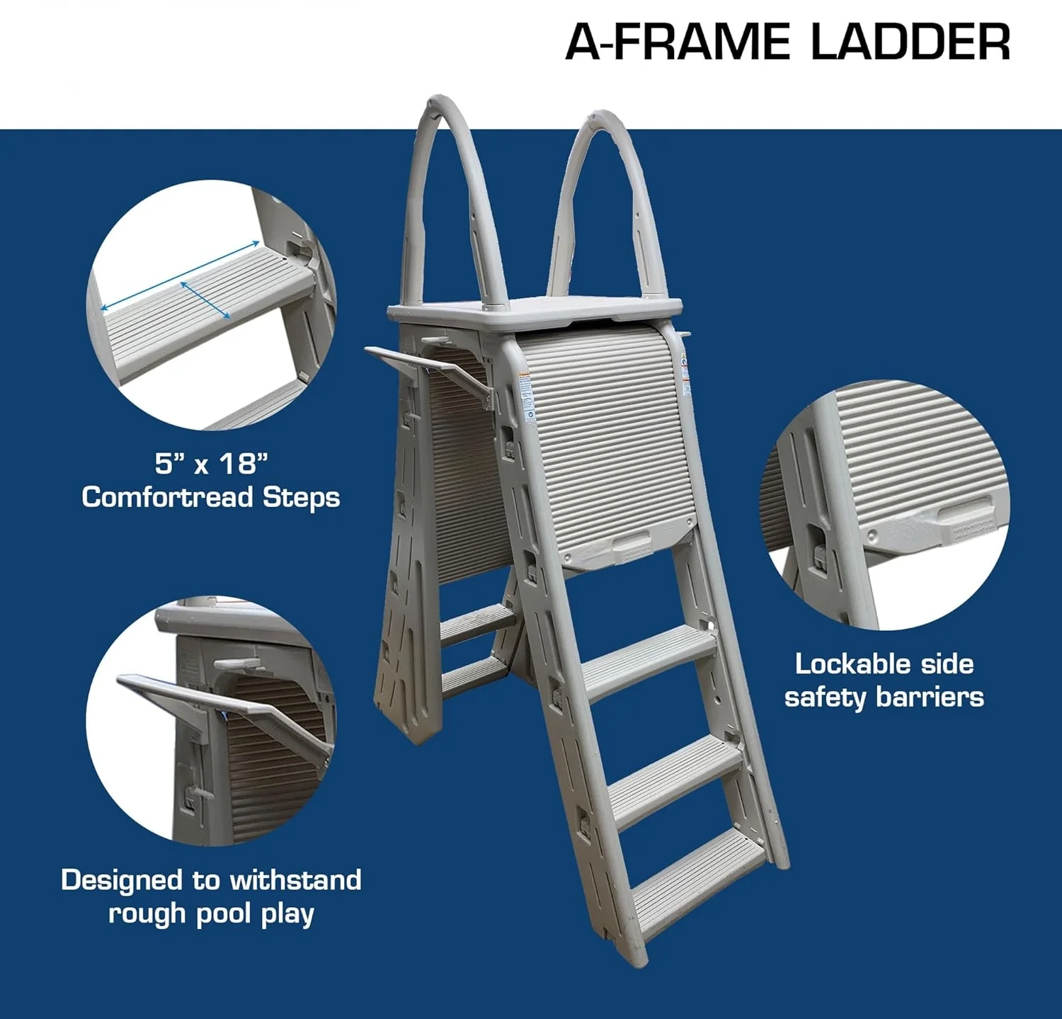 7200 Roll Guard 48" to 56" Adjustable A Frame Safety Ladder for Above Ground Outdoor Patio Swimming Pool Platform Ladder with Step Barrier, Warm Grey…