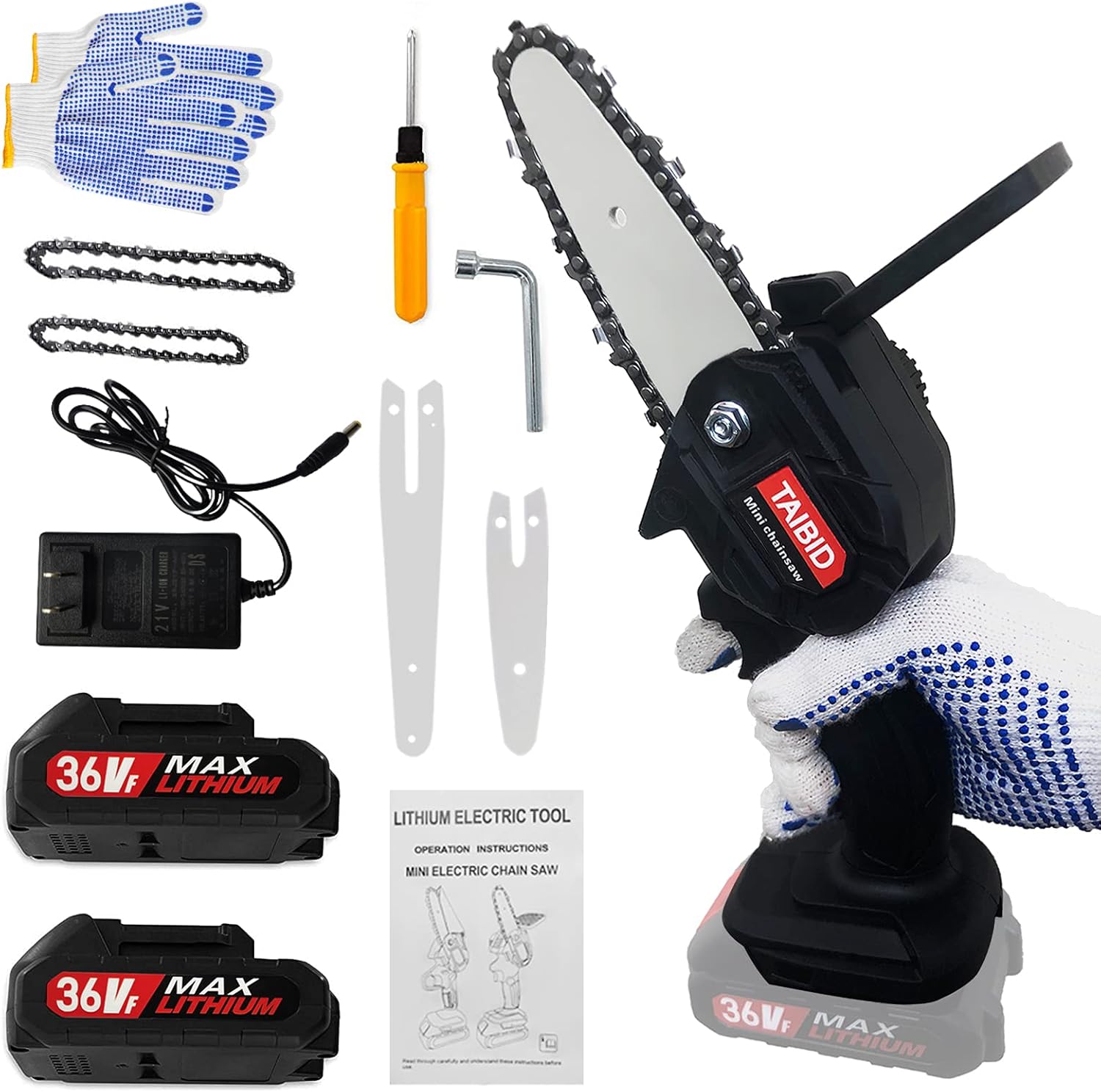 Mini Chainsaw Cordless 36V 2pcs Batteries,4 Inch and 6inch handheld Electric Power chainsaw, One-Hand Operated Portable Chain Saw for Wood Cutting, Farming, Garden, and Courtyard Tree Trimming-Black Pack of 2