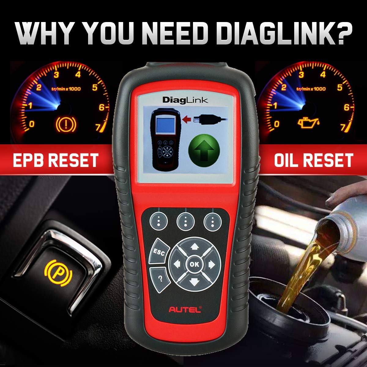 Autel OBDII OBD2 Code Reader Diaglink (DIY Version of MD802) All Systems/Modules Diagnostic for ABS, SRS, Engine, Transmission, EPB, Oil Reset