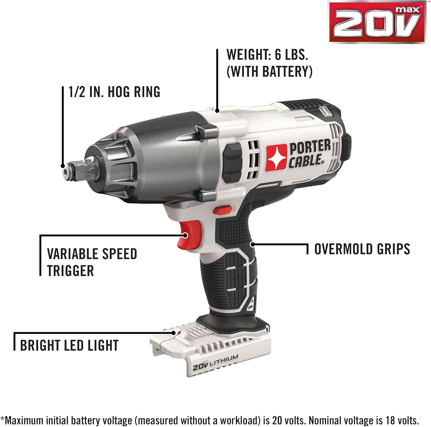 PORTER-CABLE 20V MAX* Impact Wrench, 1/2-Inch, Tool Only (PCC740B)