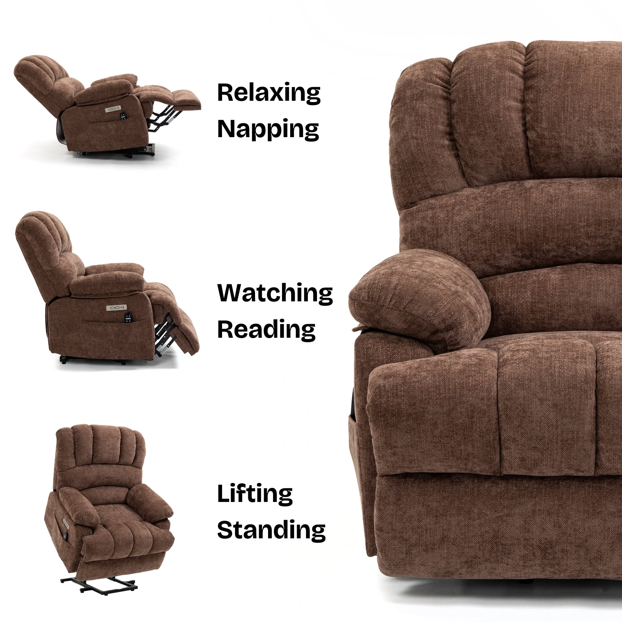 Hifurni Large Size Power Lift Recliner Chair, 8-Point Vibration Massage Lumbar Heating and USB Port, Brown Chenille