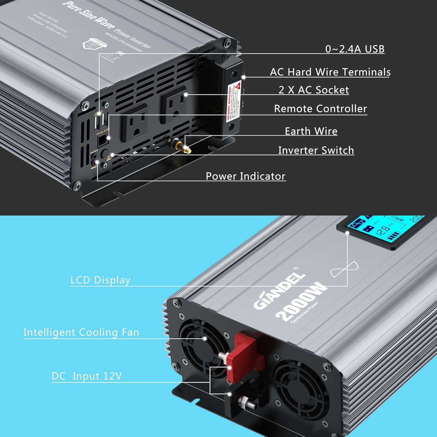 GIANDEL 2000W Pure Sine Wave Power Inverter DC 12V to AC 120V with a Hard Wire Terminal Block and Big LCD Display Wired Remote Controller Dual 2.4A USB Ports FCC Approved for Emergency Solar System