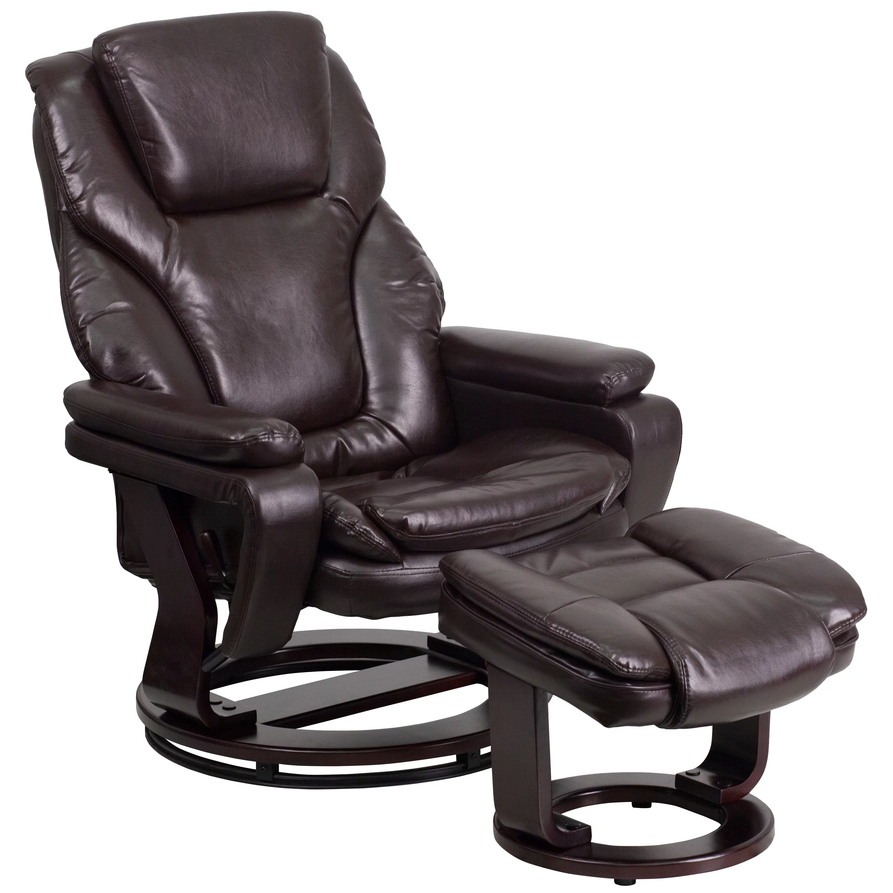 BizChair Contemporary Multi-Position Recliner and Ottoman with Swivel Mahogany Wood Base in Brown LeatherSoft