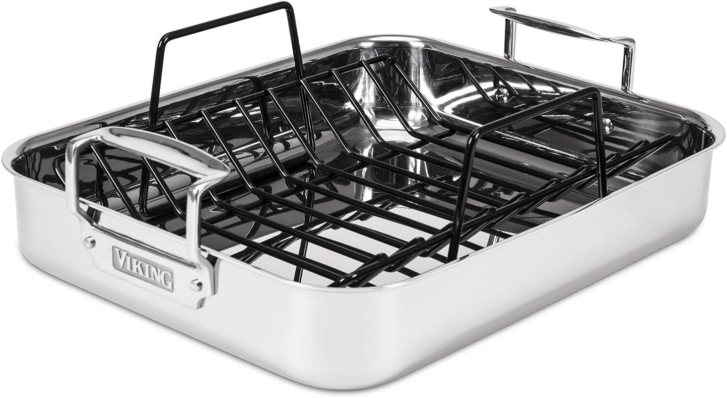 Viking Culinary 3-Ply Stainless Steel Roasting Pan, Includes a Nonstick Rack, Dishwasher, Oven Safe, Works on All Cooktops including Induction