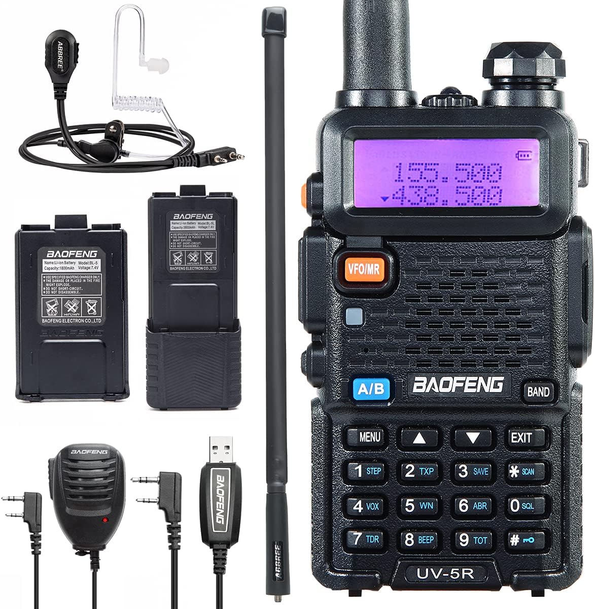 BaoFeng UV-5R Ham Radio Handheld 2-Way Radio with More 3800mAh Battery Programming Cable 18.8Inch Tactical Antenna and Tube Earpiece Handheld MIC Full Kit Pack of 2