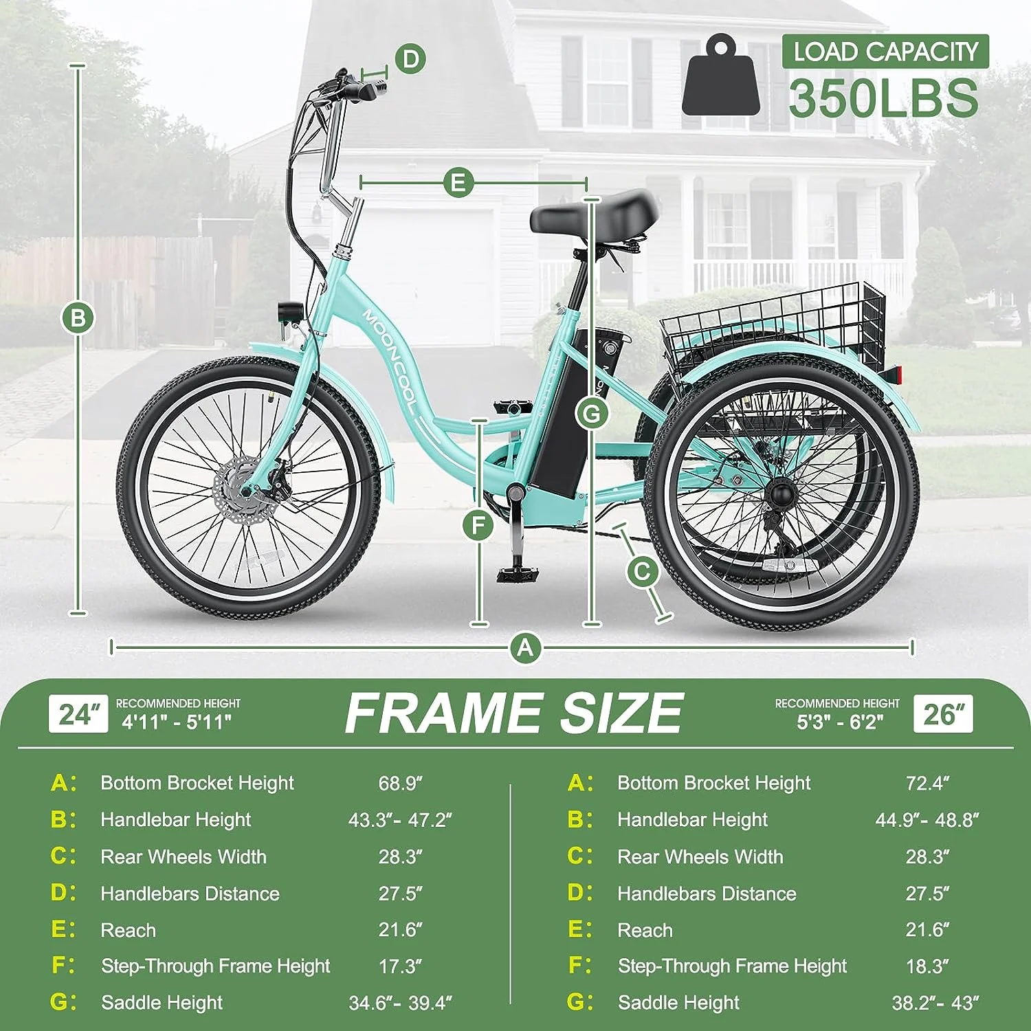 MOONCOOL 26" 7 Speed Electric Tricycle, 350W 36V 14.5Ah 350W 15MPH Lithium Battery UL Certified, 3 Wheel Electric Bicycle for Adults