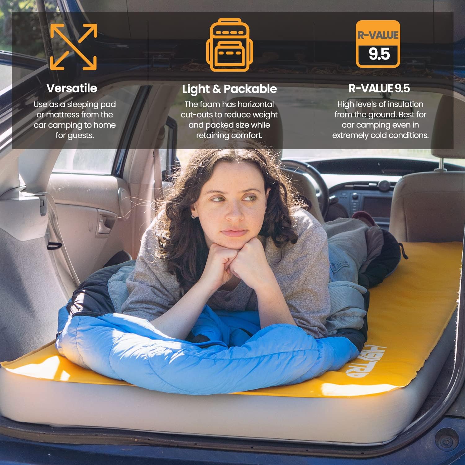 Heytrip 4 Inch Self-Inflating Foam Sleeping Pad with 9.5 R-Value, Portable Roll Up Camping Foam Mattress with Pump Sac, Perfect for Car Camping, Easy to Inflate Deflate (78'' x 30'' x 4'')