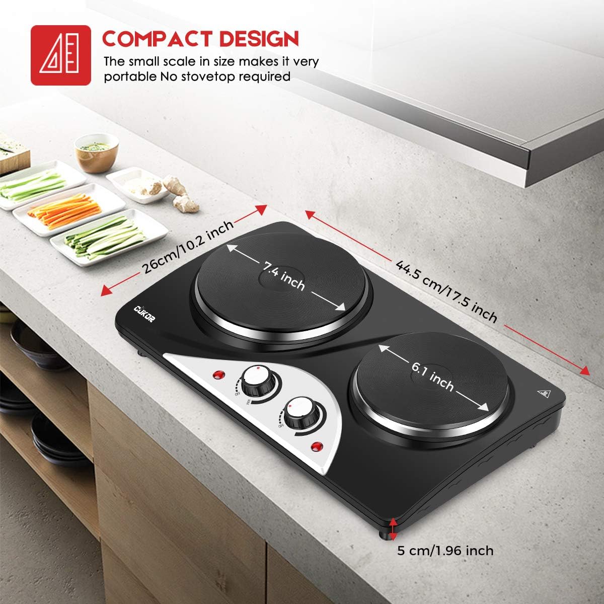 CUKOR Hot Plate,Electric Single Burner for Cooking,1500W Portable Electric Stove,cast-iron,Stainless Steel Non-Slip Rubber Feet