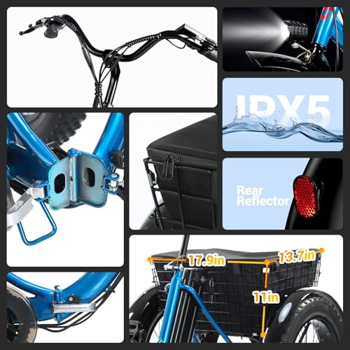 Electric Tricycle for Adults, 20" x 4.0 Fat Tire Electric Trike, Peak 750W 25MPH 36V 13Ah Lithium Battery UL Certified, Premium 80% Assembled Foldable 3 Wheel Electric Bicycle, Blue