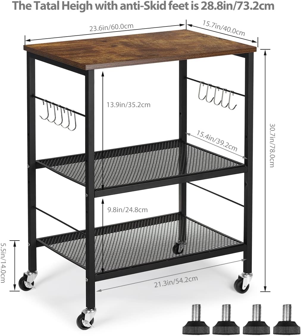 Kitchen Microwave Cart Islands Carts On Wheels 3-Tier Industrial Utility Cart and Rolling Bakers Rack with 10 Hooks and Adjustable Mesh Shelves for Farmhouse, Dining Room, Living Room, Home, Office
