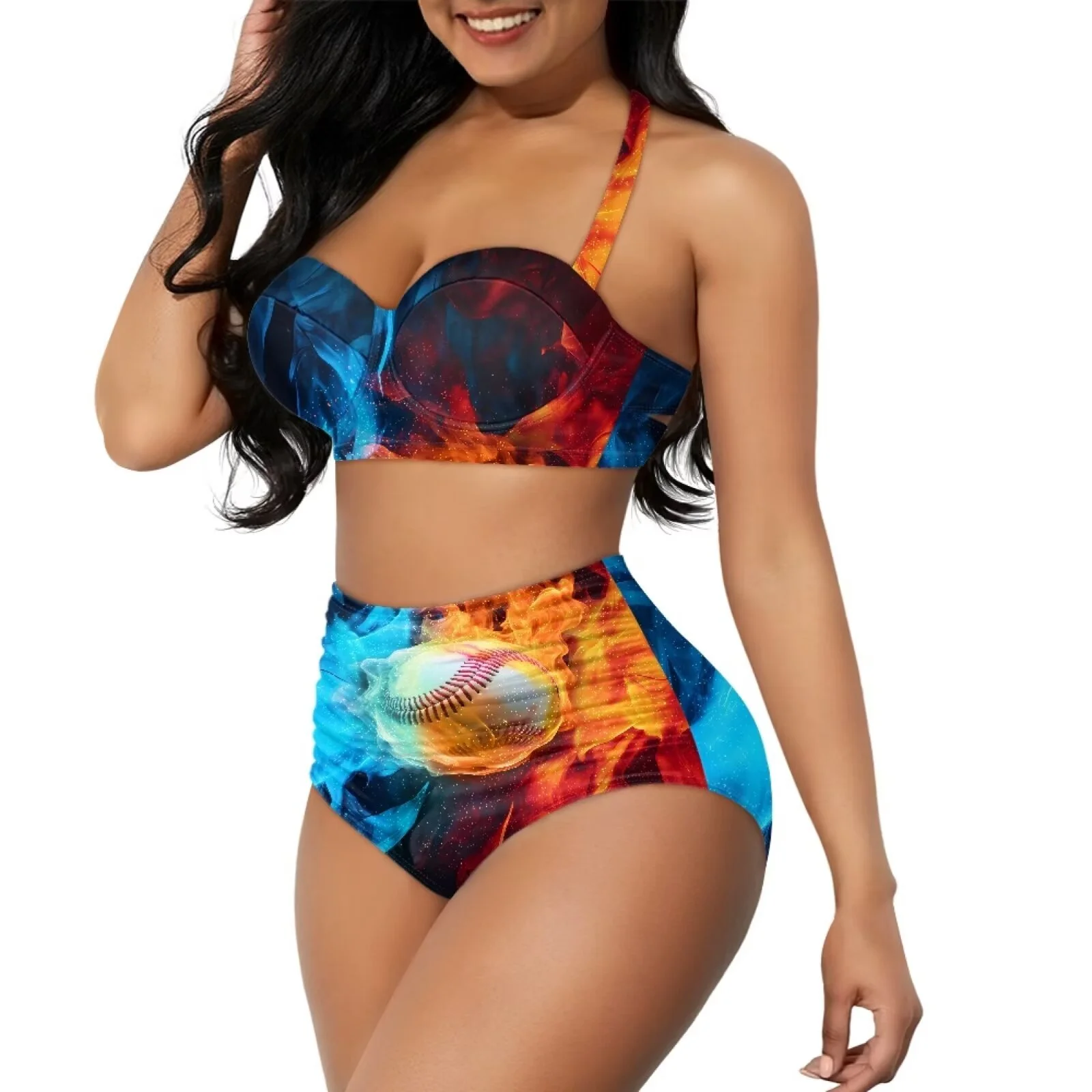 STUOARTE Fashion Bikinis for Women V Neck Halter 2 Piece Swimsuit Baseball Fire Push Up Bathing Suit Breathable Size M Beachwear with Adjustable Elastic Strap - Curated Treasures Market