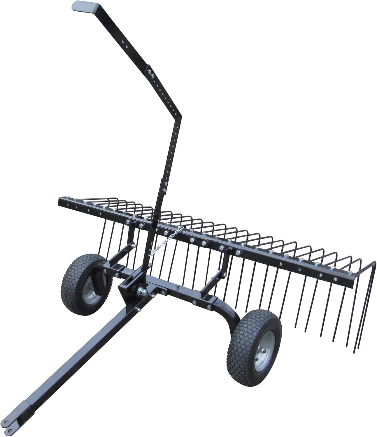 Yard Tuff 60 Inch ATV Tow Behind Durable Corrosion Resistant Steel Landscape Rake with 12 Inch Wheels and Lift Handle for Pine, Straw, Leaves, & Grass, Black, YTF-60PSR
