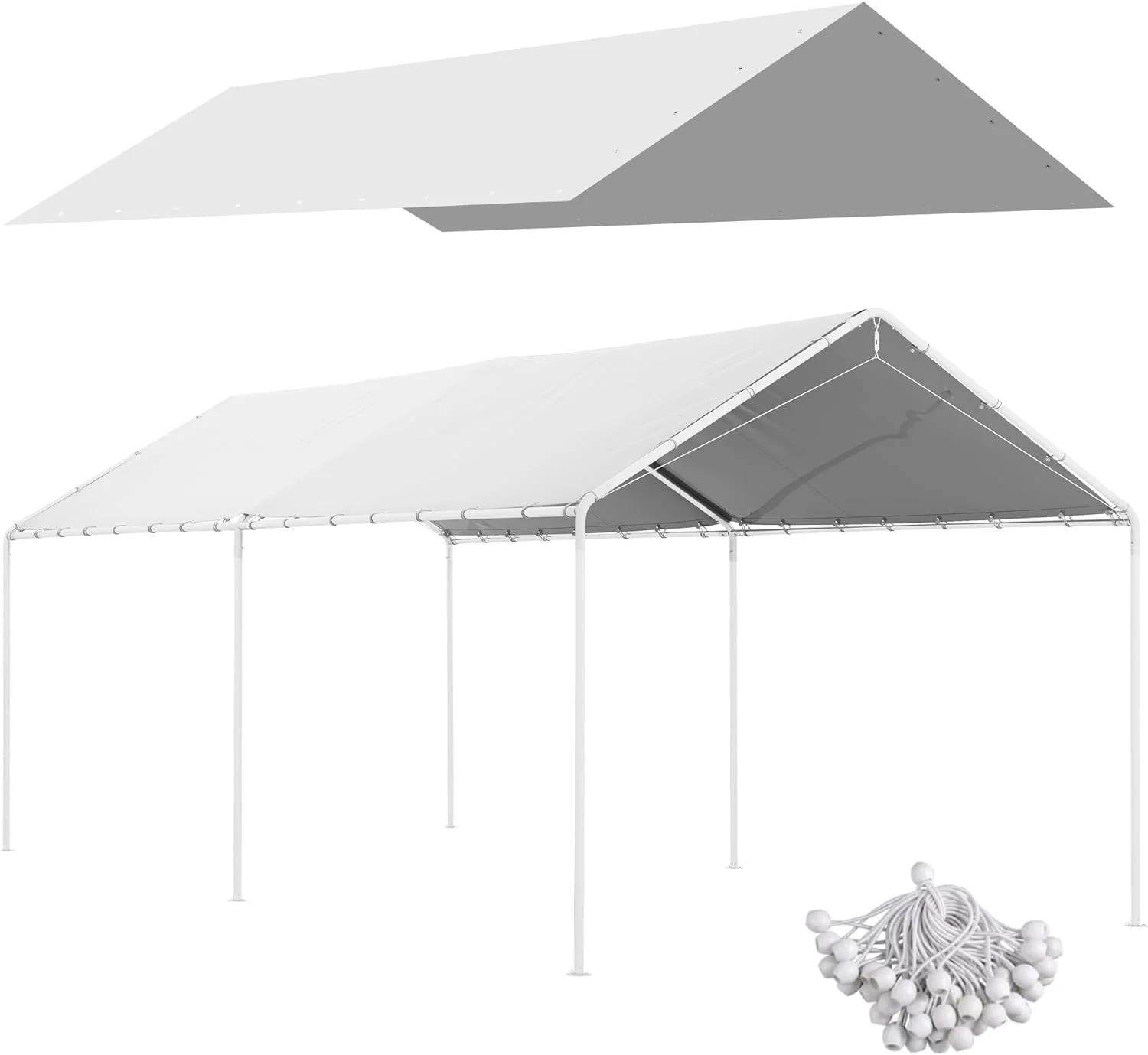 10' x 20' Carport Replacement Top Canopy Cover, UV Resistant and Water Resistant Car Port Portable Garage Tent Cover with Ball Bungee Cords, White, Only Cover - Curated Treasures Market
