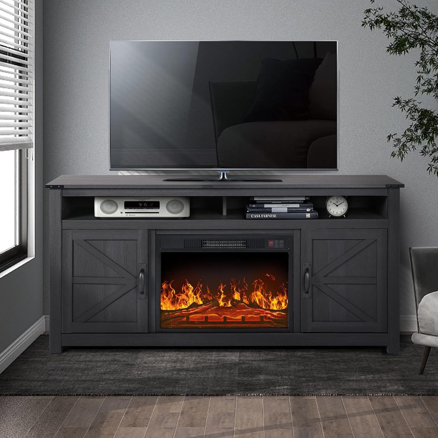 Farmhouse Barn Door TV Stand for TVs Up to 65 inch,Entertainment Center and Media Console with 2 Storage Cabinets and Open Shelves for Living Room(Rustic Brown)