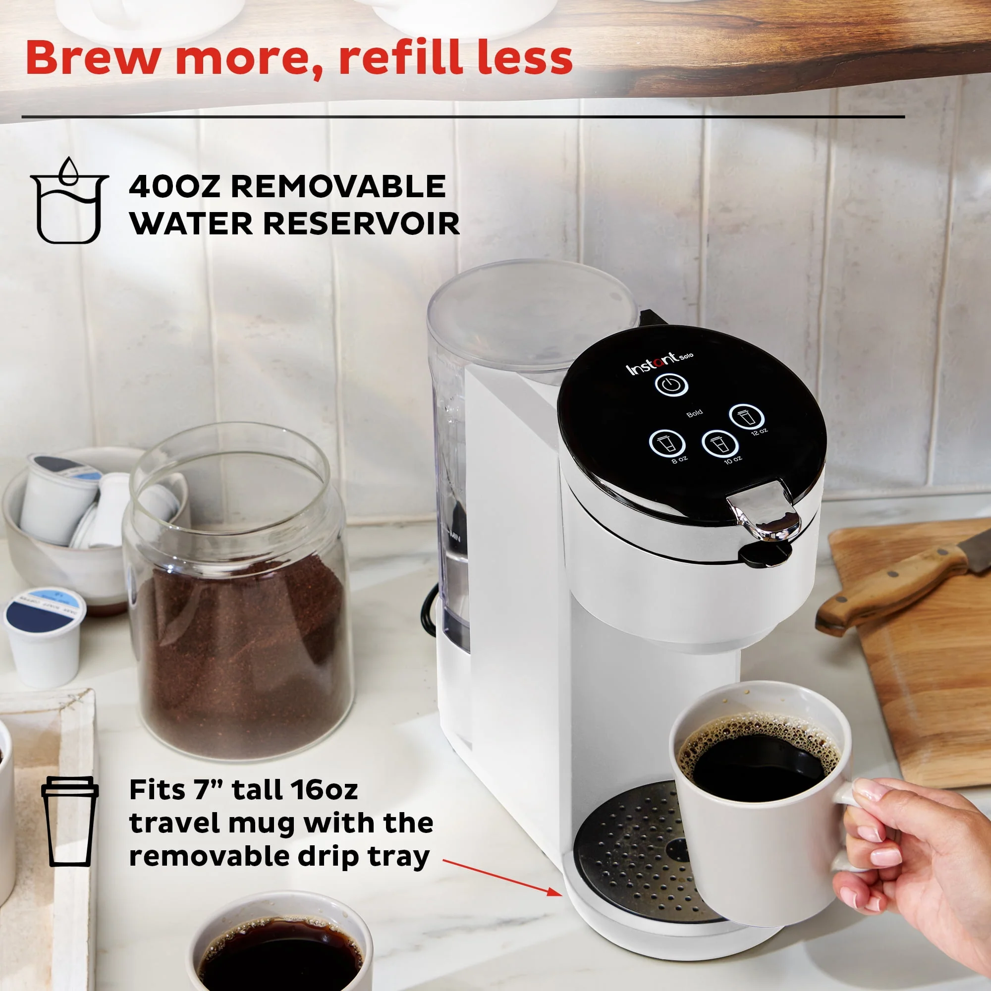 Instant Solo 2-in-1 Single Serve Coffee Maker for Ground Coffee or K-Cup Pods with 3 Brew Sizes, Maroon Red