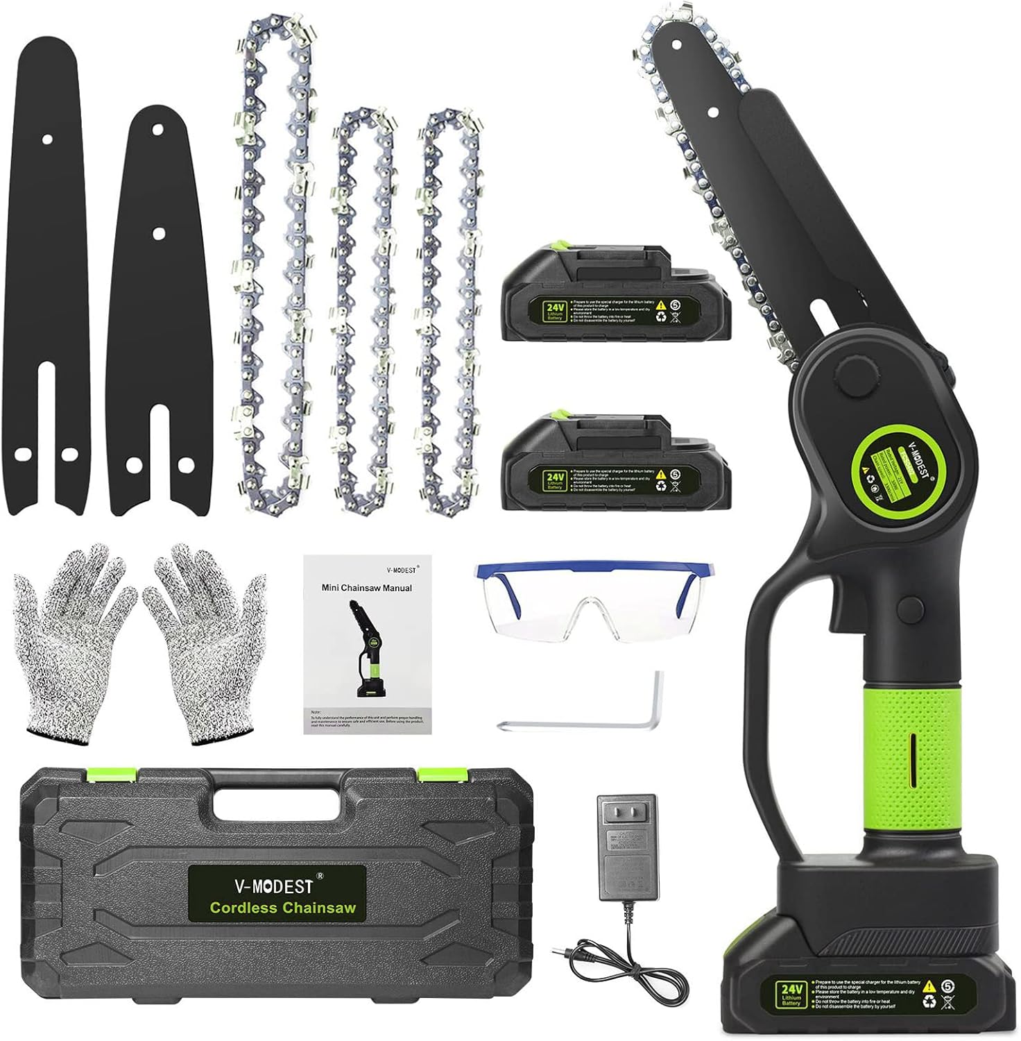 Mini Chainsaw 6 Inch 4 Inch Cordless, V-MODEST Upgraded One-Handheld Electric Chainsaw Brushless Motor with 2 Rechargeable Battery,3 Chains,Security Lock Design for Wood Cutting Trimming Pruning
