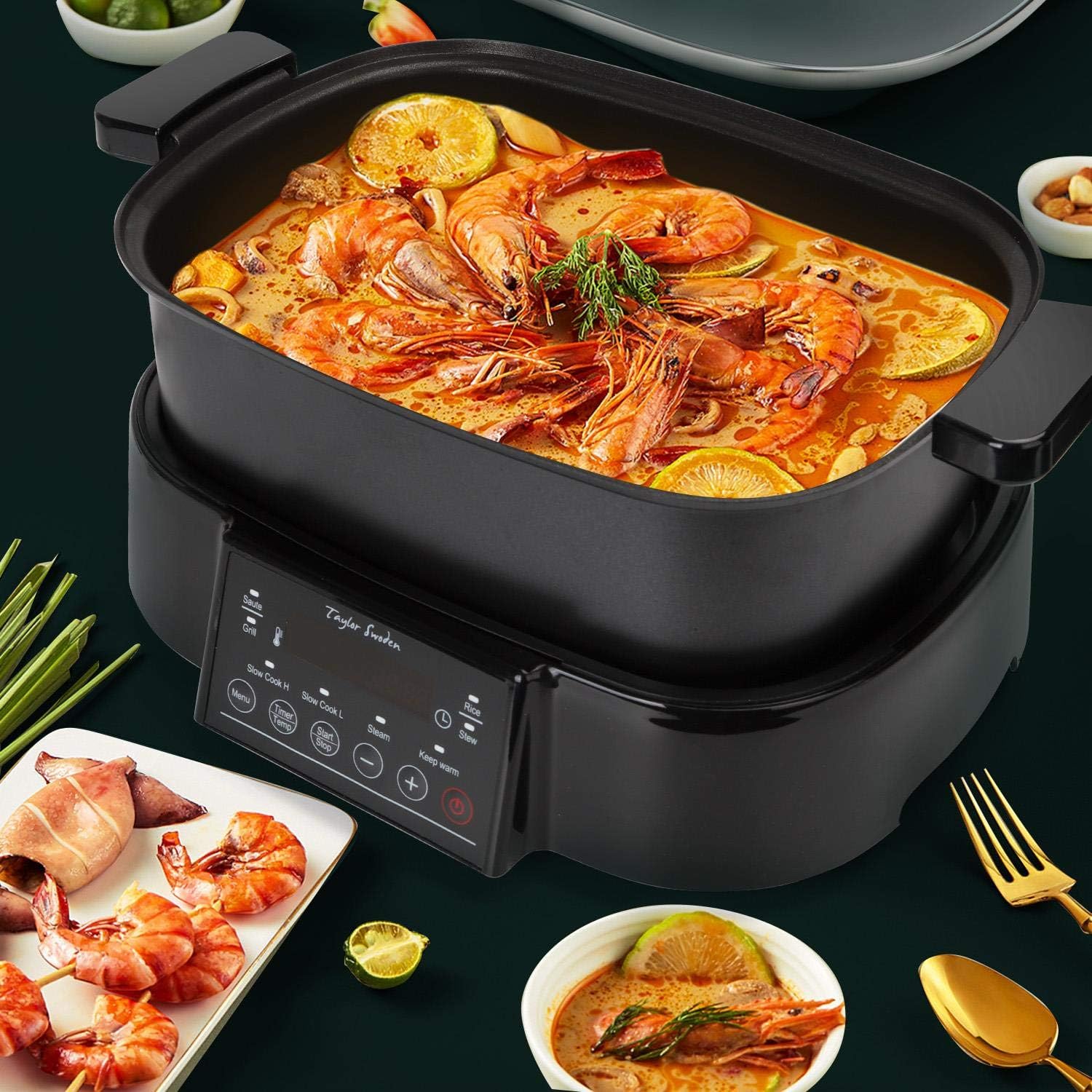 Programmable Slow Cooker with Countdown Timer, 6 L 6.3 Quart Multi-cooker with Steamer Tray, Grill Plate, Cooker pot 8-in-1 Preset Modes, Taylor Swoden