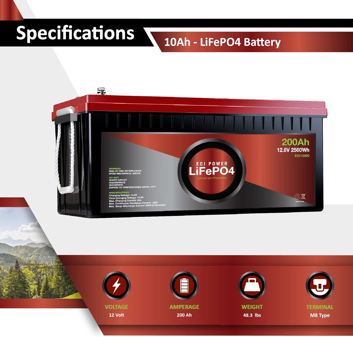 ECI Power 12V 200Ah Lithium LiFePO4 Deep Cycle Rechargeable Battery | 2000-5000 Life Cycles & 10-Year lifetime | Built-in BMS | Perfect for RV, Solar, Marine, Overland, Off-Grid Applications