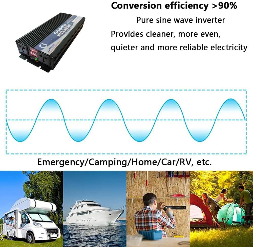 Inverter 5500w, Pure Sine Wave Power Inverter, Dc 12v/24v/48v/60v/72v to 110v/220v Ac Converter, Dual Digital Display and Dual Sockets, Suitable for Rv, and Outdoor Emergency,48V-5500W-110V
