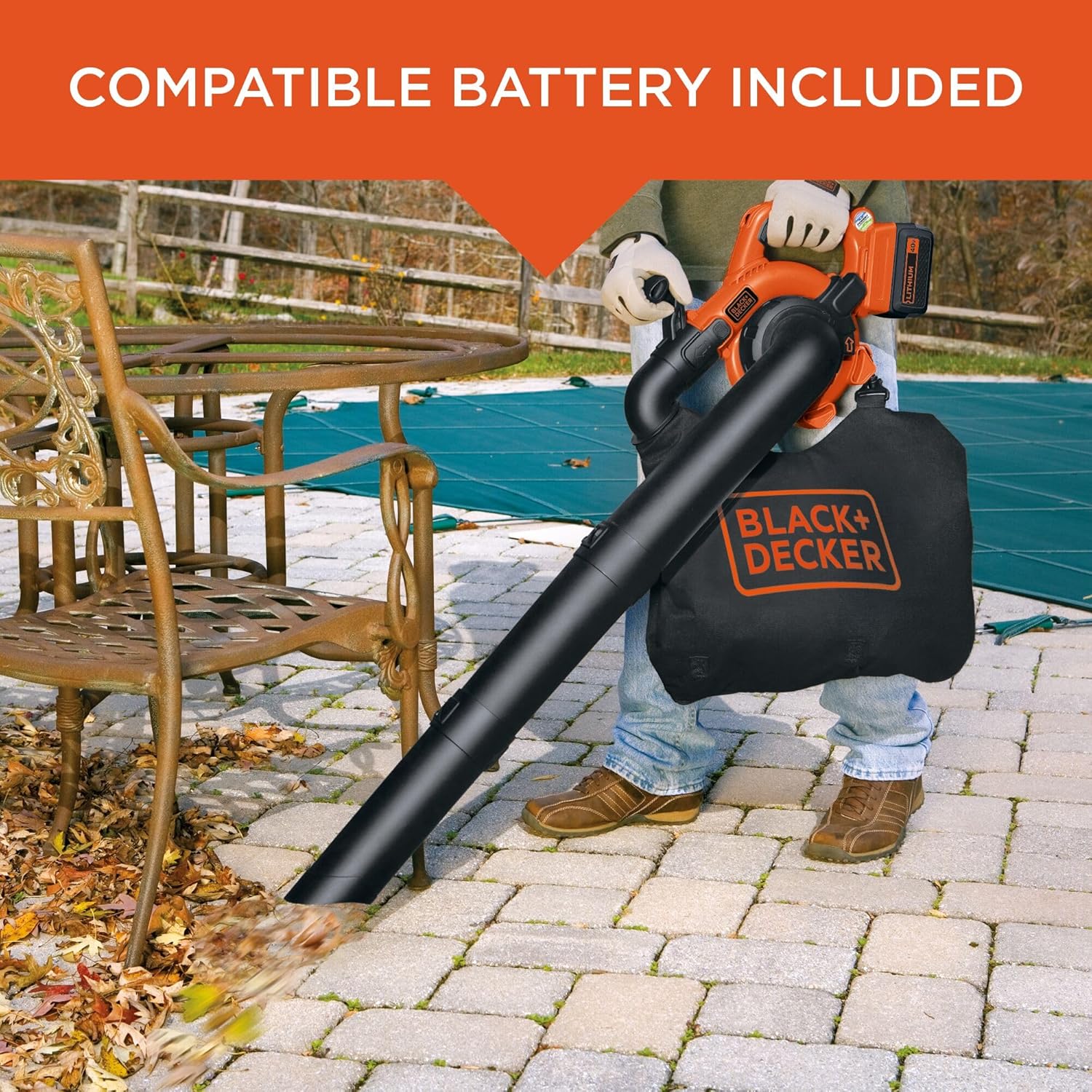 BLACK+DECKER 40V Cordless Leaf Blower Kit, 120 mph Air Speed, 6-Speed Dial, Built-In Scraper, With Collection Bag, Battery and Charger Included (LSWV36)