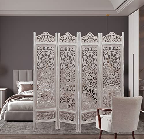 Room Divider Wood Screen - Ghanti Bells Antique Brown - 4 Panel Folding 72 x 80 - Assembled Hand Carved Decorative Functional Versatile Portable Partition Reversible Privacy Boho - COTTON CRAFT