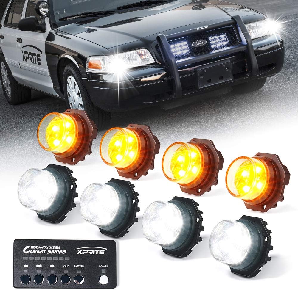 Xprite White LED Hideaway Strobe Lights Kit w/ Controller, Grille Surface Mount Hazard Warning Safety Flashing Light for Emergency Pickup Trucks Construction Vehicle Rear Tail Light Headlights 8 PCS